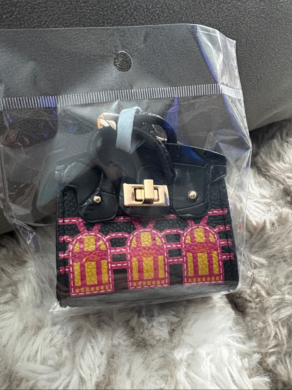 Black Mini Embroidered Tote Bag with Pink & Yellow Accents bag charm. - Picture 1 of 4